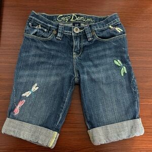 Gap Blue Denim Dragonfly Embroidery Stretch Bermuda Rolled Shorts Size 8 Girls